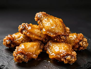 Crispy chicken wings glazed in a rich golden sauce, dark background, warm lighting