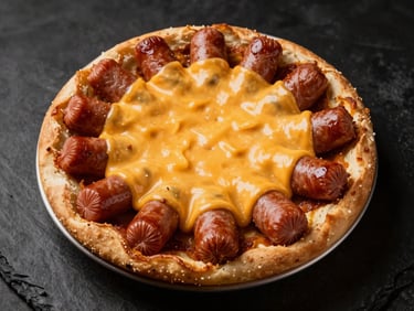 Top-down view of a loaded salchipapa platter with sausages and melted cheese, dark background
