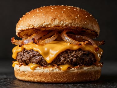 Dramatic close-up of a towering coastal burger with melting cheese and crispy onions, warm golden side-lighting, dark charcoal background, macro lens