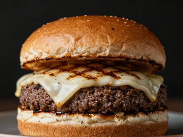 Close-up of a premium burger with grilled white cheese, dark background, dramatic studio lighting
