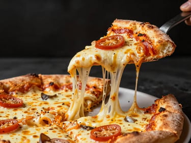 Slice of pizza with stretching melted cheese and local ingredients, dark background