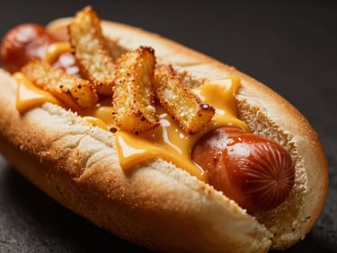 Macro shot of a hot dog with melted cheese and crispy potato sticks, warm lighting