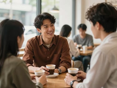 Mentor and mentee having a focused discussion over coffee in a bright, relaxed community space, natural daylight, warm editorial photography, optimistic and rich tones, shallow depth of field, authentic human connection