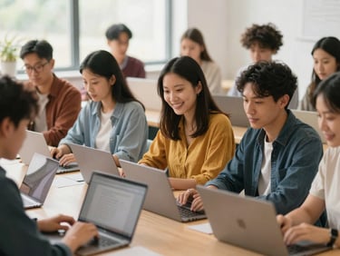 Diverse group of adults and young people collaboratively learning on laptops in a bright, modern community center, natural daylight, warm editorial photography, optimistic and rich tones, shallow depth of field, authentic human connection
