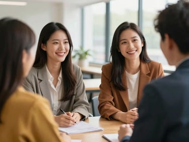 Young adult participating in a mock interview with a mentor in a bright, professional office setting, natural daylight, warm editorial photography, optimistic and rich tones, shallow depth of field, authentic human connection