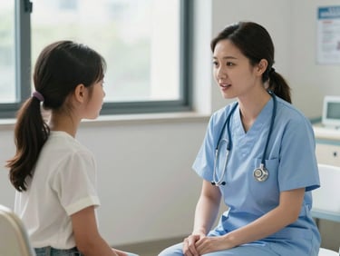 Medium shot of a female nurse speaking warmly with a young teenage girl in a clinic consultation room, both seated, afternoon daylight from a side window, calm and private atmosphere