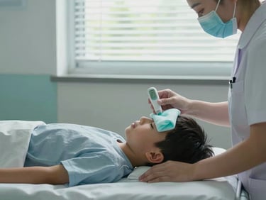 Medium shot of a child lying on a clinic bed with a cool cloth on their forehead, a nurse checking their temperature, soft natural light through a louvred window, calm atmosphere