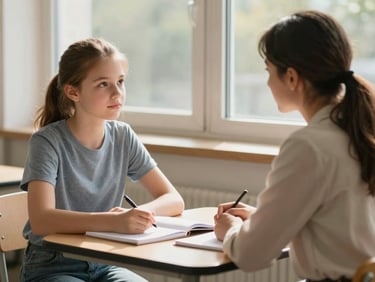 Medium shot of a teenage girl and a female counsellor seated across from each other at a small table near a window, open notebooks, warm afternoon light, attentive and unhurried