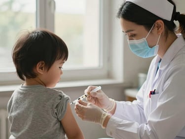 Close medium shot of a nurse's hands administering a vaccine to a toddler's arm at a clinic window, warm natural light from the left, the child's guardian's hand visible in reassurance