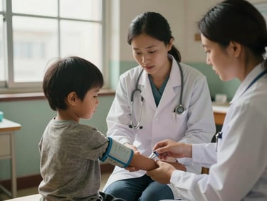 Medium shot of a clinical officer measuring a young child's arm circumference with a tape at a growth-monitoring station, warm window light, attentive expression, simple clinic interior