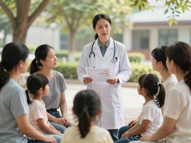Medium shot of a health educator standing before a small group of mothers with children in their laps in an outdoor shaded community space, holding a simple illustrated chart, engaged faces