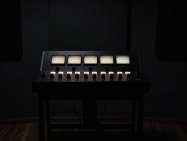Minimalist soundboard in a dark recording studio, glowing level meters, low-key atmospheric lighting, desaturated.