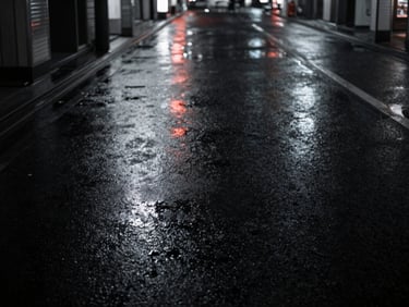 Desaturated Tokyo street at night, high-contrast neon reflections on wet asphalt, anamorphic lens, 35mm
