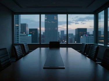 Moody interior of a high-rise corporate boardroom at dusk, cool blue tones, desaturated, dramatic shadows, anamorphic lens