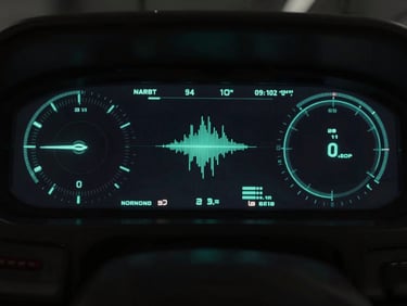 Dark desaturated cyberpunk cockpit screen displaying high-speed telemetry, glowing neon cyan vector graphics, high-contrast low-key lighting, anamorphic lens
