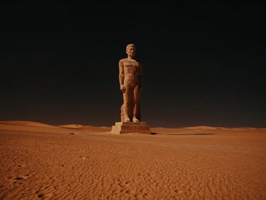 Dark cinematic landscape of a futuristic desaturated orange desert with a giant monolithic statue, low-key lighting, 35mm