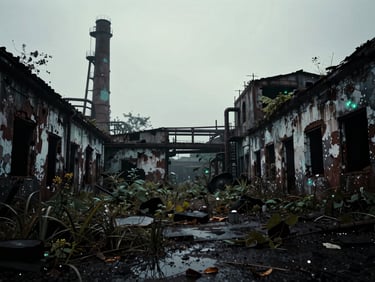 Desaturated industrial ruins with overgrown wet vegetation, misty overcast daylight, high contrast, cinematic composition