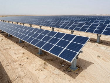 Industrial solar mounting structures installed across a vast desert solar farm, bright daylight, high contrast