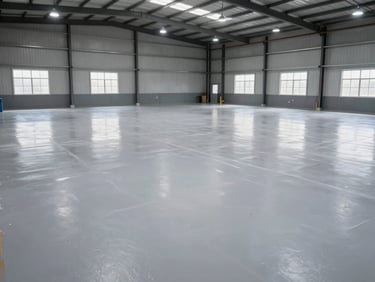 Heavy-duty industrial flooring installation in a large manufacturing warehouse, clean gray epoxy surface, overhead industrial lighting