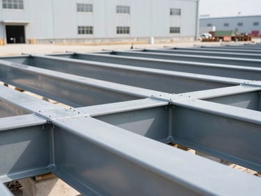 A close-up of thick industrial protective coatings applied to structural steel beams on a massive commercial building site