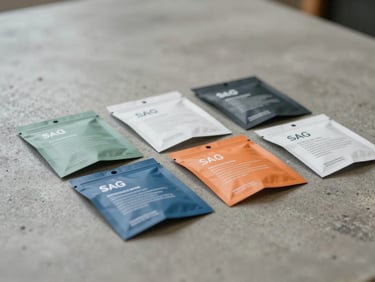 Close-up of packaging collateral laid flat on a concrete surface, natural diffused daylight, brand colors visible on printed labels, minimal background