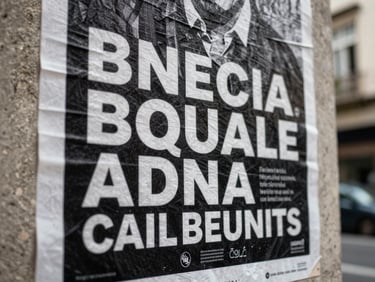 Close-up of a printed poster campaign installed on a Buenos Aires street wall, natural daylight, text and graphic details visible on the surface, shallow depth of field