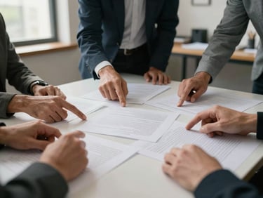 Wide shot of a strategy session in a Buenos Aires studio, hands pointing at printed briefs spread on a table, natural window light from the left, work artifacts visible
