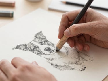 Close-up of the artist's hands holding a soft pastel stick, layering pigment onto a detailed pet drawing in a bright Oregon studio