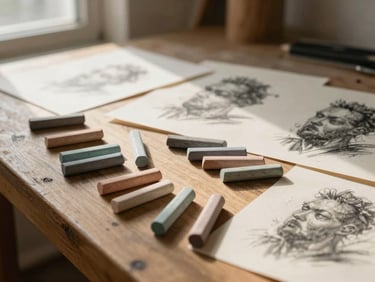 Warm editorial photograph of a rustic wooden studio table covered in hand-sorted soft pastel sticks, charcoal sketches, and natural daylight casting soft shadows.