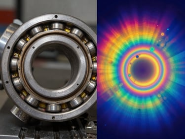 Split-screen optical and radiometric thermal comparison of a failing motor bearing, left side showing standard digital photo, right side showing intense localized heat bloom in high-contrast rainbow palette.