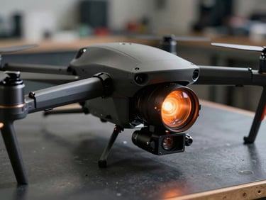 A precise close-up of a high-end enterprise radiometric drone being calibrated on a dark industrial workbench, high-contrast technical lighting, orange thermal sensor lens reflecting amber light.