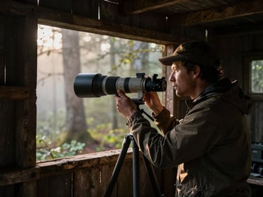 Naturalist adjusting a 600mm telephoto lens on a tripod inside a dark wooden birding hide, soft forest light visible through the slit.
