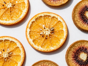 Macro flat-lay of vibrant dehydrated orange and kiwi slices on a clean white surface, bright natural daylight, rich botanical tones