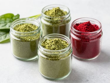 Fine vibrant green spinach powder and red beetroot powder in minimalist glass jars, raw ingredients next to them, bright daylight