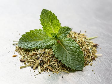 Detailed close-up of dark green dehydrated mint leaves and fine herbal powder on a stainless steel background.