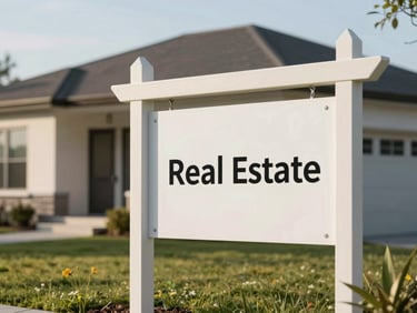 Real estate yard sign with a clean modern house in the background under bright morning light.