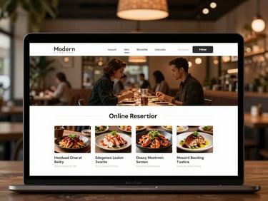 Modern restaurant online reservation interface showing a busy service pass with warm, clean lighting.