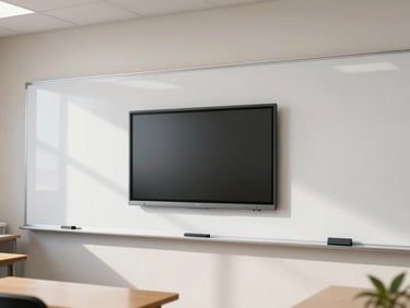 Modern classroom interior with a clean whiteboard and digital screen under bright natural light.
