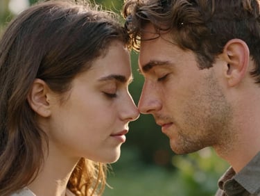 Close environmental portrait of a couple forehead-to-forehead in a sun-drenched garden, eyes closed, golden light across their faces, soft garden bokeh behind