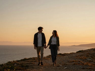 Couple walking hand in hand along a coastal bluff at sunset, warm amber light on the horizon, casual clothes, both mid-conversation, wide environmental frame with open sky above