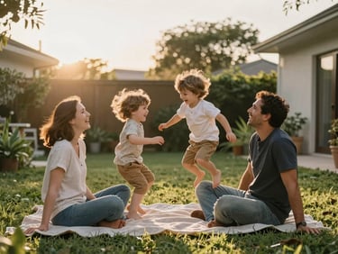 Wide family portrait in a home garden at golden hour — two parents seated on a blanket with two young kids tumbling around them, warm side light, candid laughter mid-motion