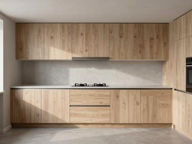 Wide shot of a fully installed modern kitchen, handleless flat-panel cabinets in light ash wood grain, integrated hood, soft diffused daylight, empty countertop showing proportion, no people