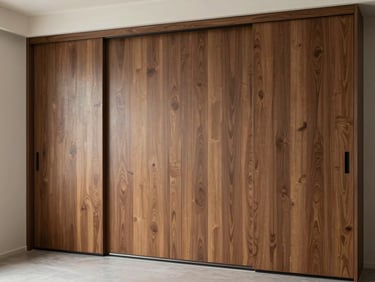 Environmental shot of a built-in wardrobe wall with flush sliding doors in walnut veneer, clean horizontal grain lines, soft north-light casting gentle shadows, no clutter, room empty except for the installation