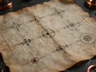 Close-up of old parchment schematic overlaid with digital HUD elements, copper accents, low-key lighting, archival scientific aesthetic