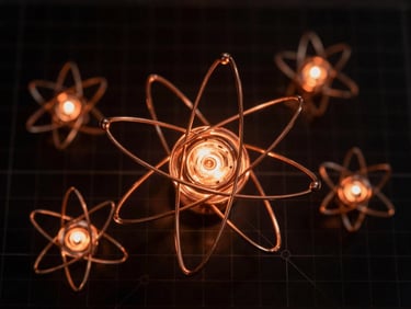 Macro shot of high-spin atomic structures, glowing copper light, dark alchemical photography, deep obsidian background, technical grid lines