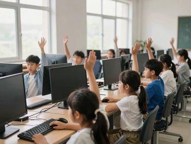 A classroom view of children raising their hands excitedly in front of newly installed computers, bright natural light streaming through large windows, active and natural.