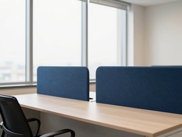 Bright Gurugram office interior, clean modern desk setup, soft window light, desaturated navy tones