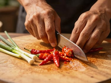 Close-up of hands chopping fresh red chili peppers and green onions on a rustic wooden board, warm golden light, authentic cooking preparation.