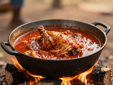 Warm editorial photography of a traditional Reunionese cari poulet simmering in a black cast-iron pot over an outdoor wood fire, golden hour light, rich red sauce.
