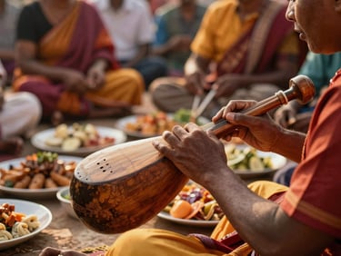 Intimate shot of hands playing a traditional wooden kayamb instrument, warm stage lighting, vibrant cultural gathering.